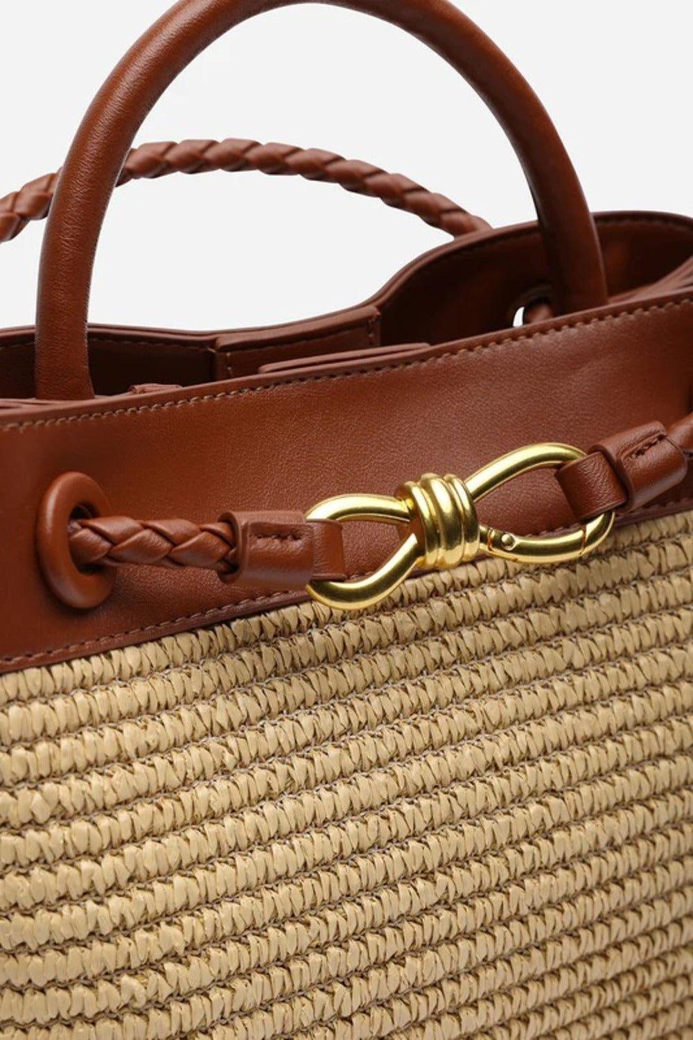 Premium Woven Top Handle Bag with Gold Knot Detail In Tan Raffia