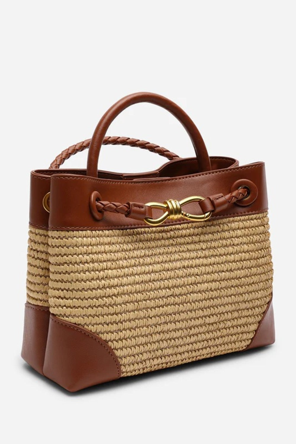 Premium Woven Top Handle Bag with Gold Knot Detail In Tan Raffia