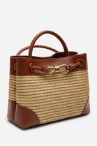 Premium Woven Top Handle Bag with Gold Knot Detail In Tan Raffia