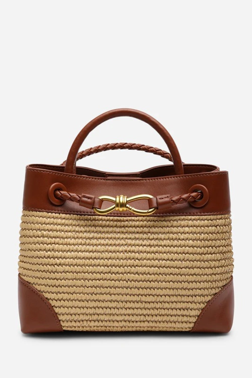Premium Woven Top Handle Bag with Gold Knot Detail In Tan Raffia