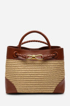 Premium Woven Top Handle Bag with Gold Knot Detail In Tan Raffia