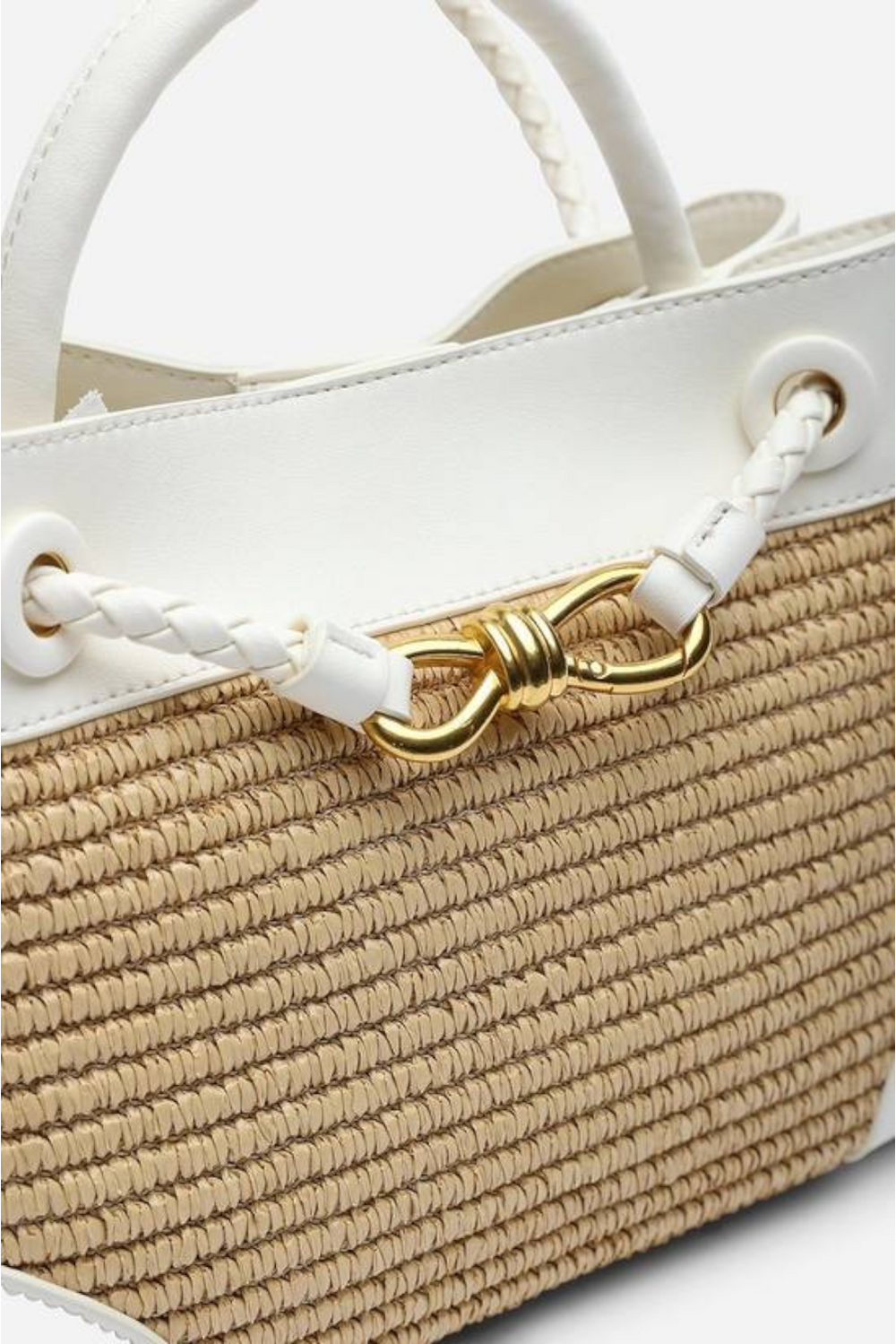 Premium Woven Top Handle Bag with Gold Knot Detail In White Raffia