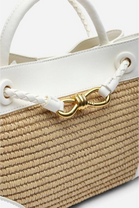 Premium Woven Top Handle Bag with Gold Knot Detail In White Raffia