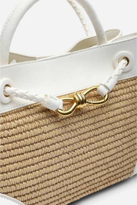 Premium Woven Top Handle Bag with Gold Knot Detail In White Raffia