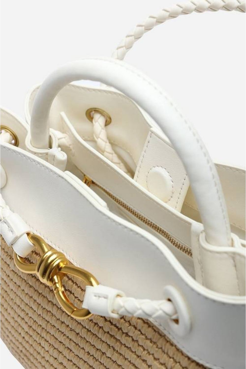 Premium Woven Top Handle Bag with Gold Knot Detail In White Raffia