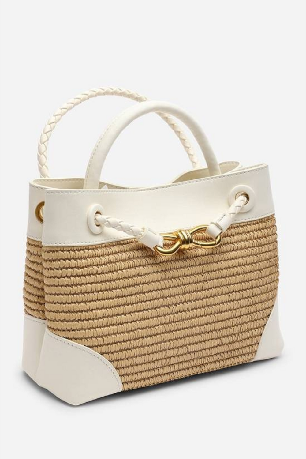 Premium Woven Top Handle Bag with Gold Knot Detail In White Raffia