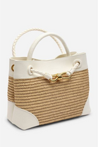 Premium Woven Top Handle Bag with Gold Knot Detail In White Raffia