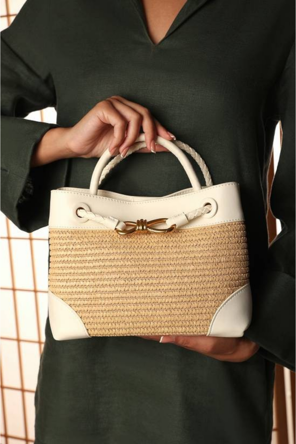 Premium Woven Top Handle Bag with Gold Knot Detail In White Raffia
