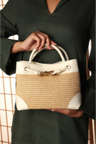 Premium Woven Top Handle Bag with Gold Knot Detail In White Raffia