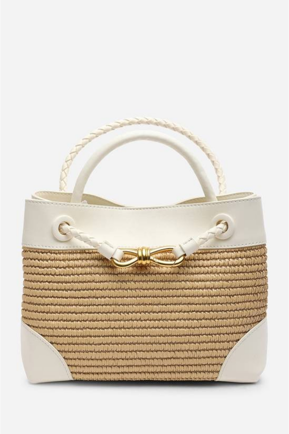 Premium Woven Top Handle Bag with Gold Knot Detail In White Raffia