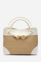 Premium Woven Top Handle Bag with Gold Knot Detail In White Raffia