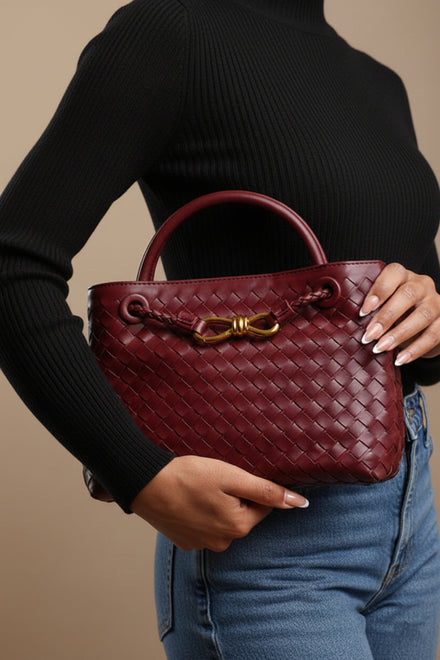 Premium Woven Top Handle Bag with Gold Knot Detail In Maroon