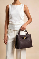 Premium Woven Top Handle Bag with Gold Knot Detail In Brown Suede