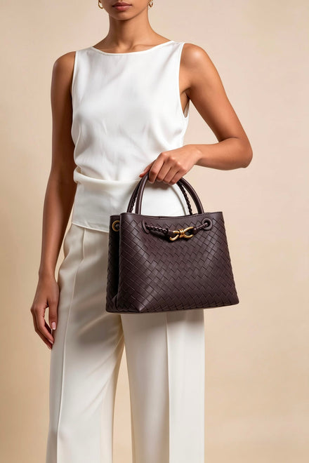 Premium Woven Top Handle Bag with Gold Knot Detail In Brown Suede