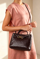 Premium Woven Top Handle Bag with Gold Knot Detail In Dark Brown