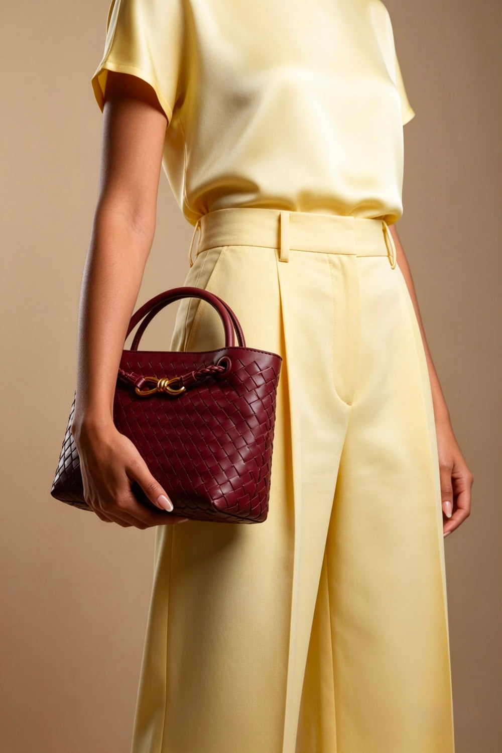 Premium Woven Top Handle Bag with Gold Knot Detail In Maroon