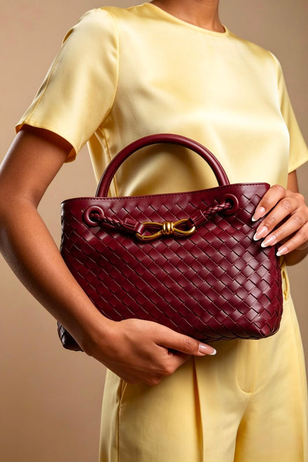 Premium Woven Top Handle Bag with Gold Knot Detail In Maroon