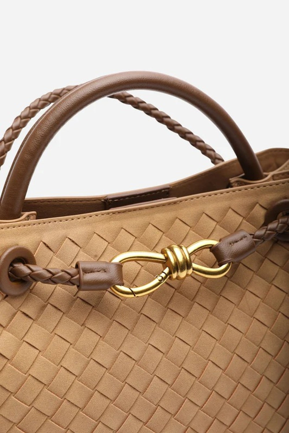 Premium Woven Top Handle Bag with Gold Knot Detail In Cognac Suede