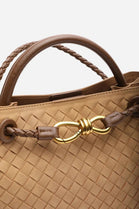 Premium Woven Top Handle Bag with Gold Knot Detail In Cognac Suede