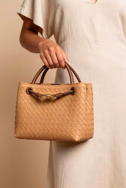 Premium Woven Top Handle Bag with Gold Knot Detail In Cognac Suede