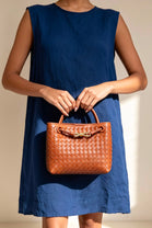 Premium Woven Top Handle Bag with Gold Knot Detail In Tan Pu