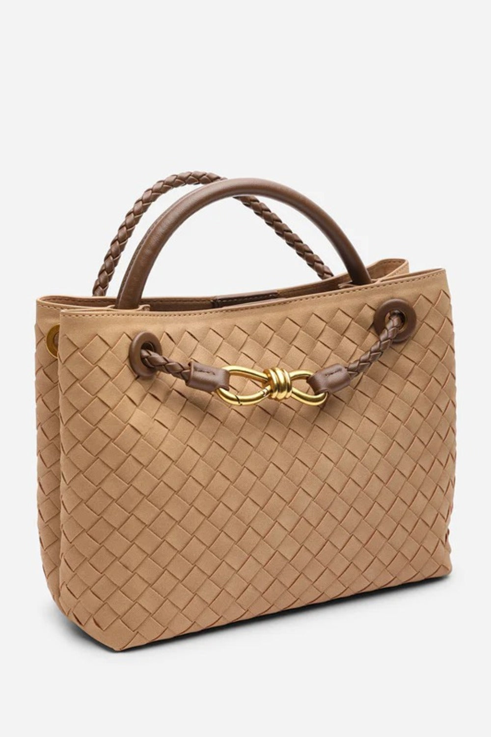 Premium Woven Top Handle Bag with Gold Knot Detail In Cognac Suede