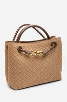 Premium Woven Top Handle Bag with Gold Knot Detail In Cognac Suede