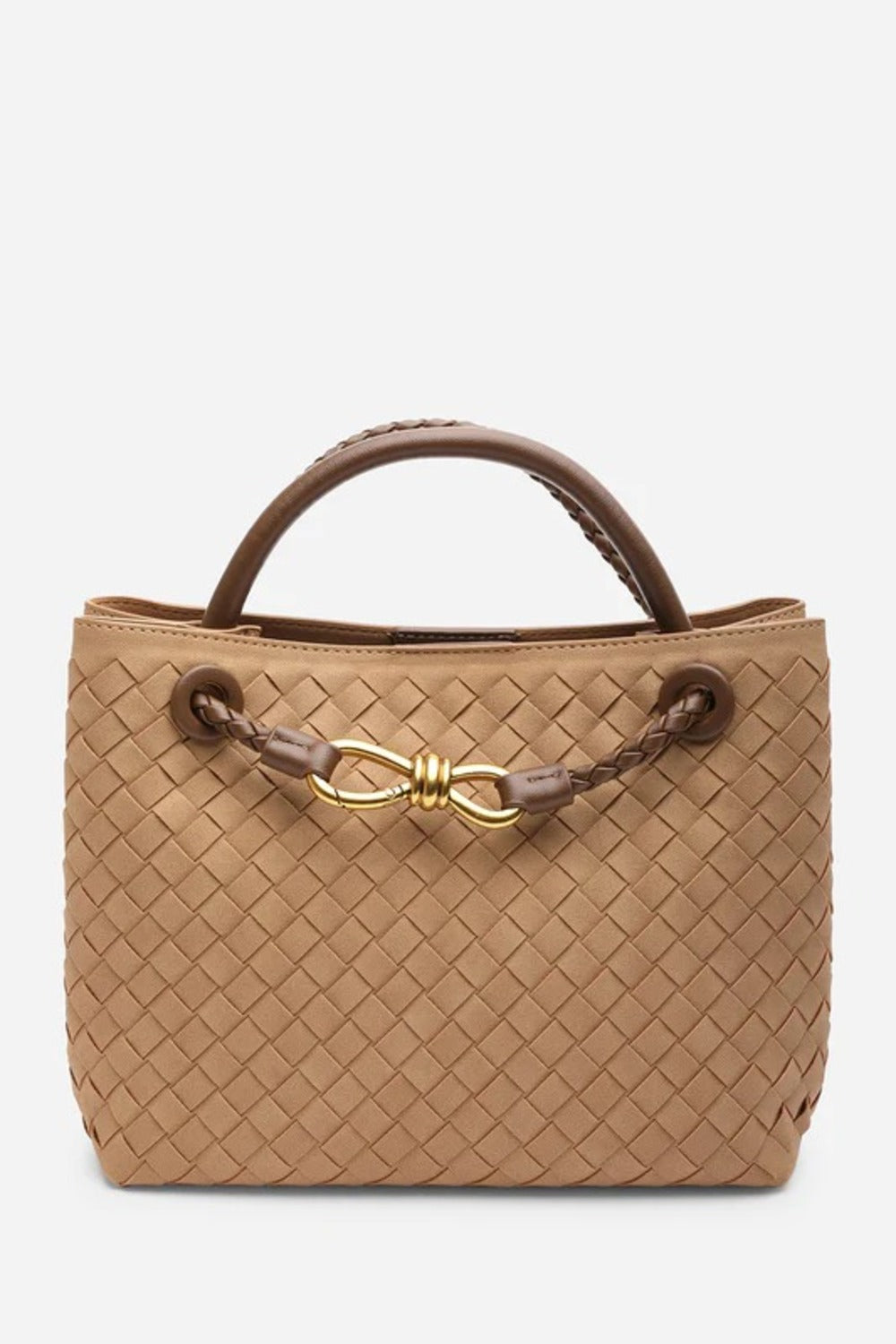 Premium Woven Top Handle Bag with Gold Knot Detail In Cognac Suede