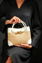 Premium Woven Top Handle Bag with Gold Knot Detail In White Raffia