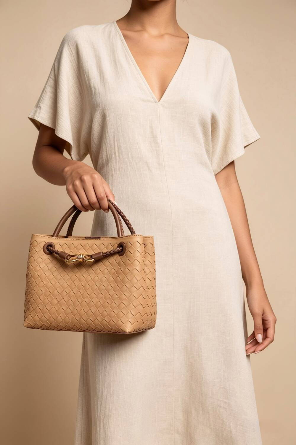Premium Woven Top Handle Bag with Gold Knot Detail In Cognac Suede