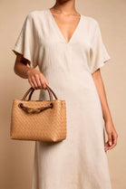 Premium Woven Top Handle Bag with Gold Knot Detail In Cognac Suede