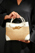 Premium Woven Top Handle Bag with Gold Knot Detail In White Raffia