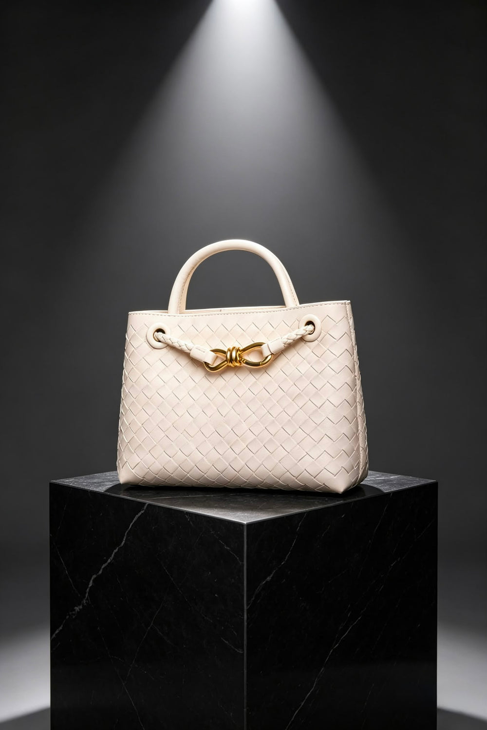 Premium Woven Top Handle Bag with Gold Knot Detail In Cream Pu