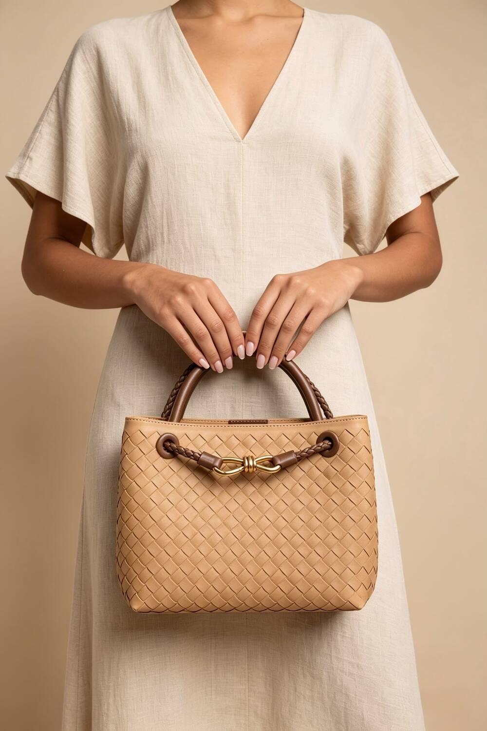 Premium Woven Top Handle Bag with Gold Knot Detail In Cognac Suede