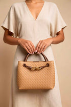 Premium Woven Top Handle Bag with Gold Knot Detail In Cognac Suede
