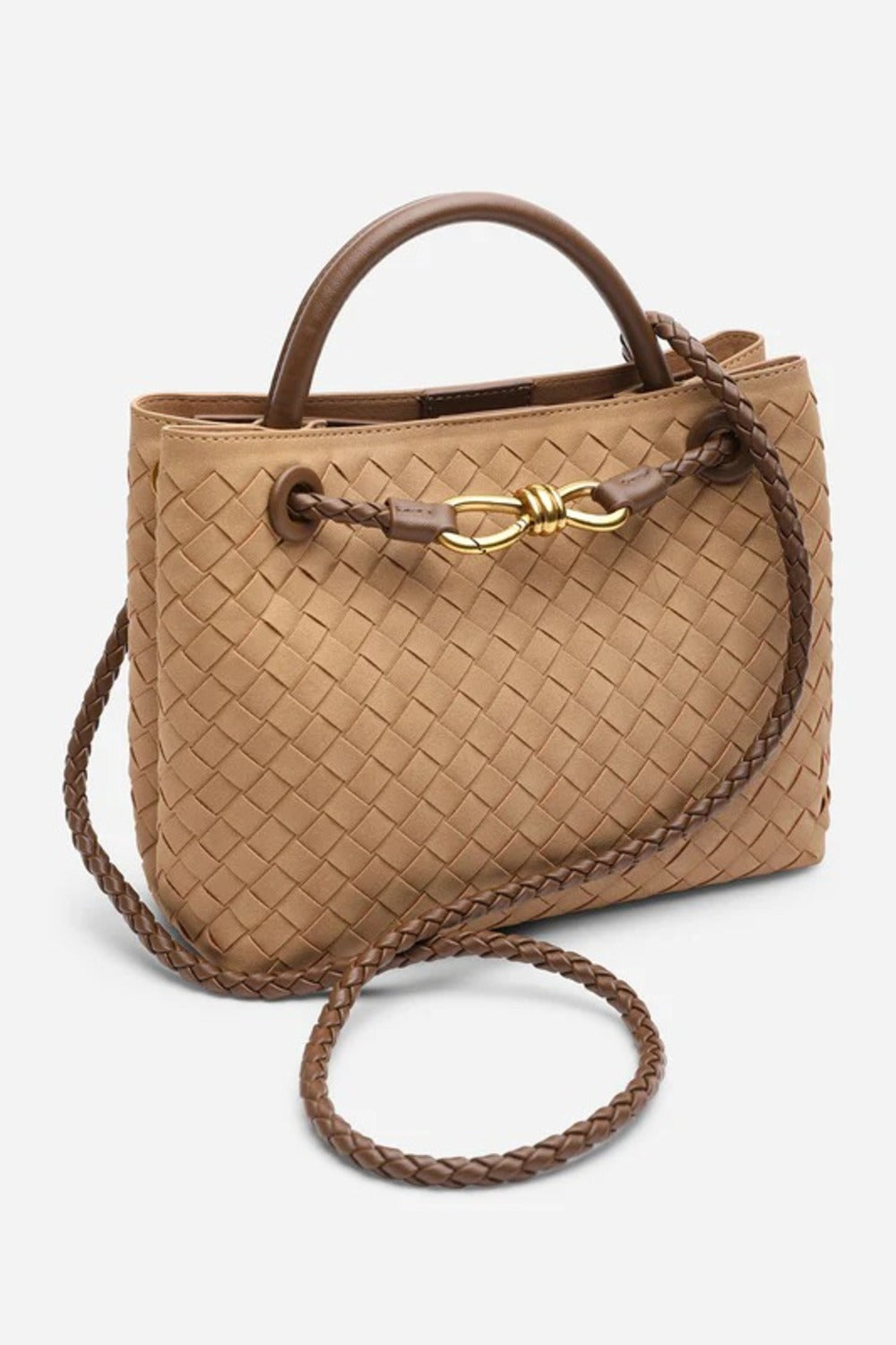 Premium Woven Top Handle Bag with Gold Knot Detail In Cognac Suede