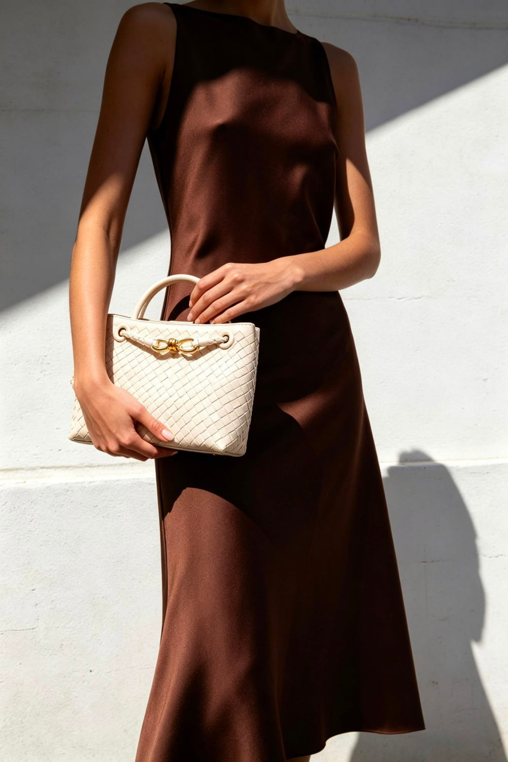 Premium Woven Top Handle Bag with Gold Knot Detail In Cream Pu