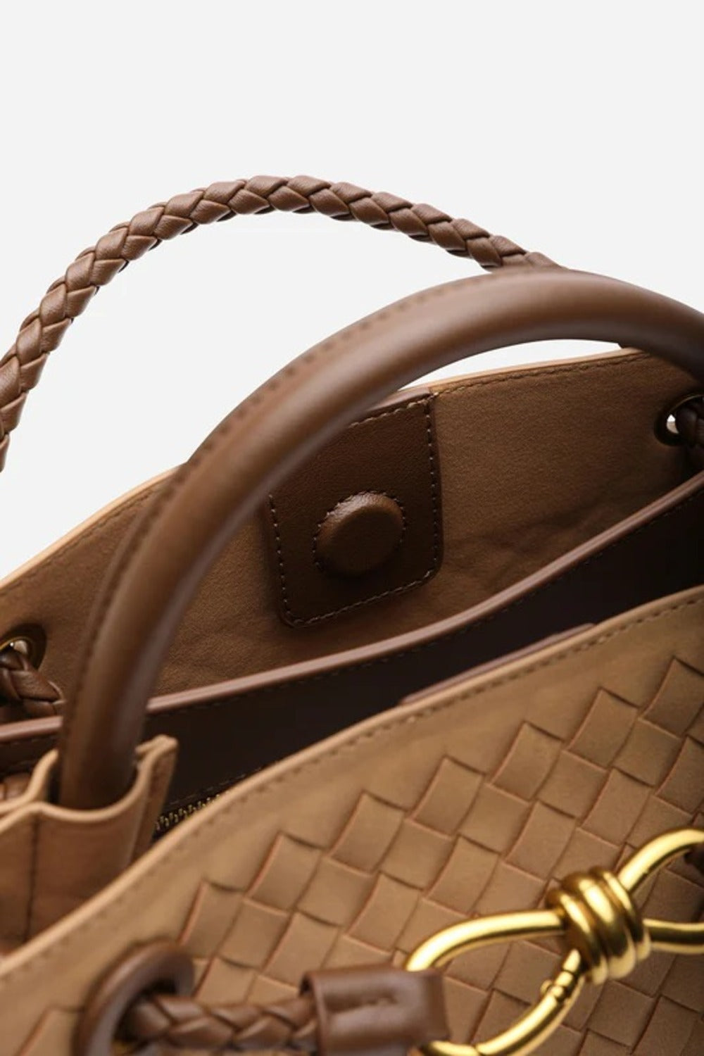 Premium Woven Top Handle Bag with Gold Knot Detail In Cognac Suede