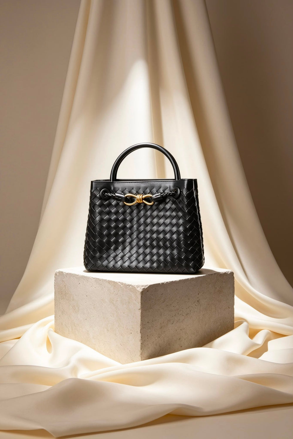 Premium Woven Top Handle Bag with Gold Knot Detail In Black