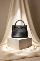 Premium Woven Top Handle Bag with Gold Knot Detail In Black