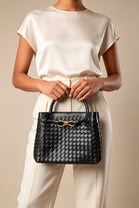 Premium Woven Top Handle Bag with Gold Knot Detail In Black
