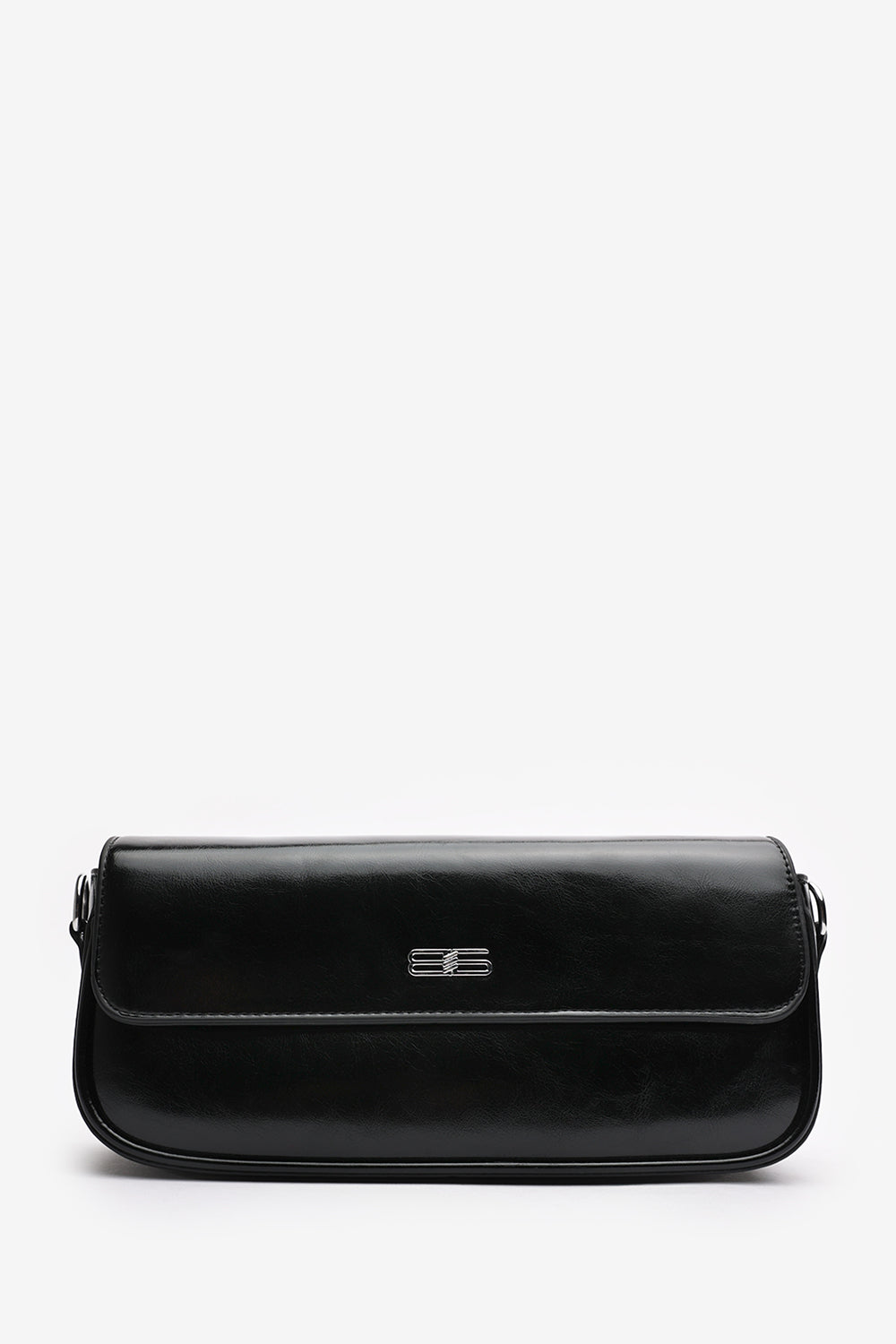 Premium Black Shiny Finish Baguette Shoulder Bag with Silver Accent
