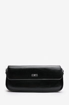 Premium Black Shiny Finish Baguette Shoulder Bag with Silver Accent