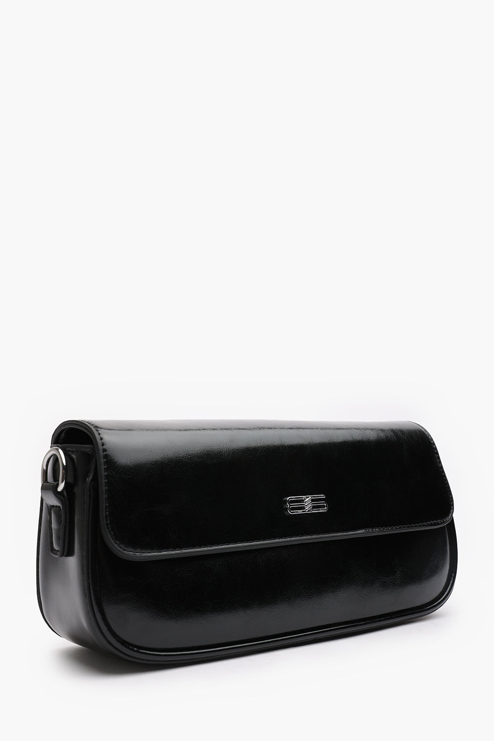 Premium Black Shiny Finish Baguette Shoulder Bag with Silver Accent
