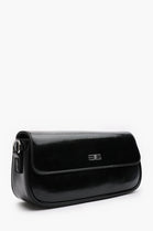 Premium Black Shiny Finish Baguette Shoulder Bag with Silver Accent
