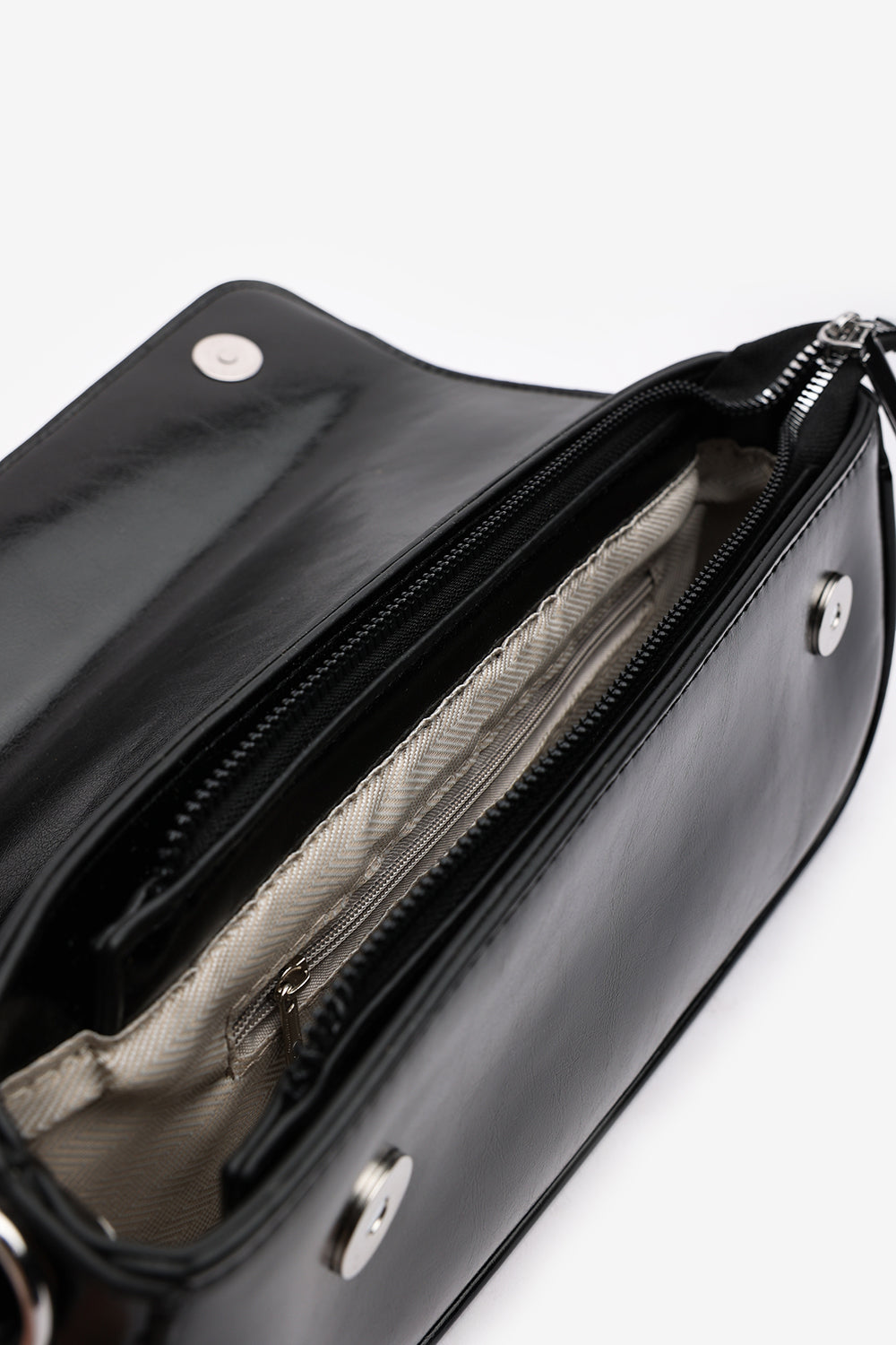 Premium Black Shiny Finish Baguette Shoulder Bag with Silver Accent