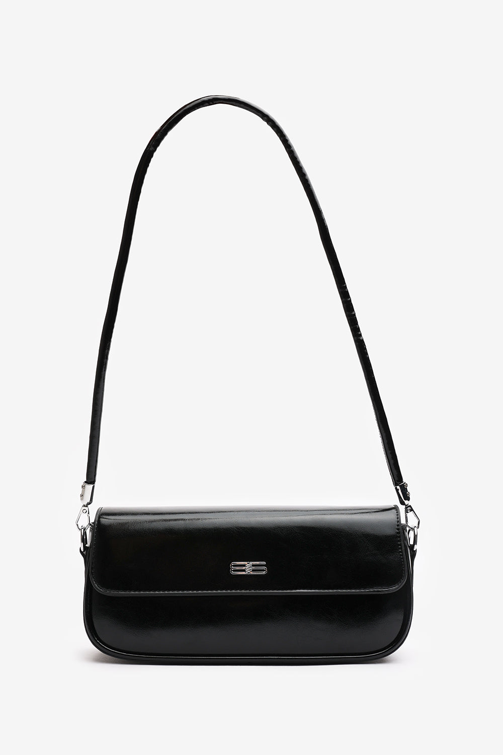 Premium Black Shiny Finish Baguette Shoulder Bag with Silver Accent