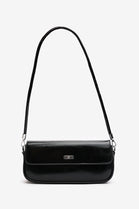 Premium Black Shiny Finish Baguette Shoulder Bag with Silver Accent