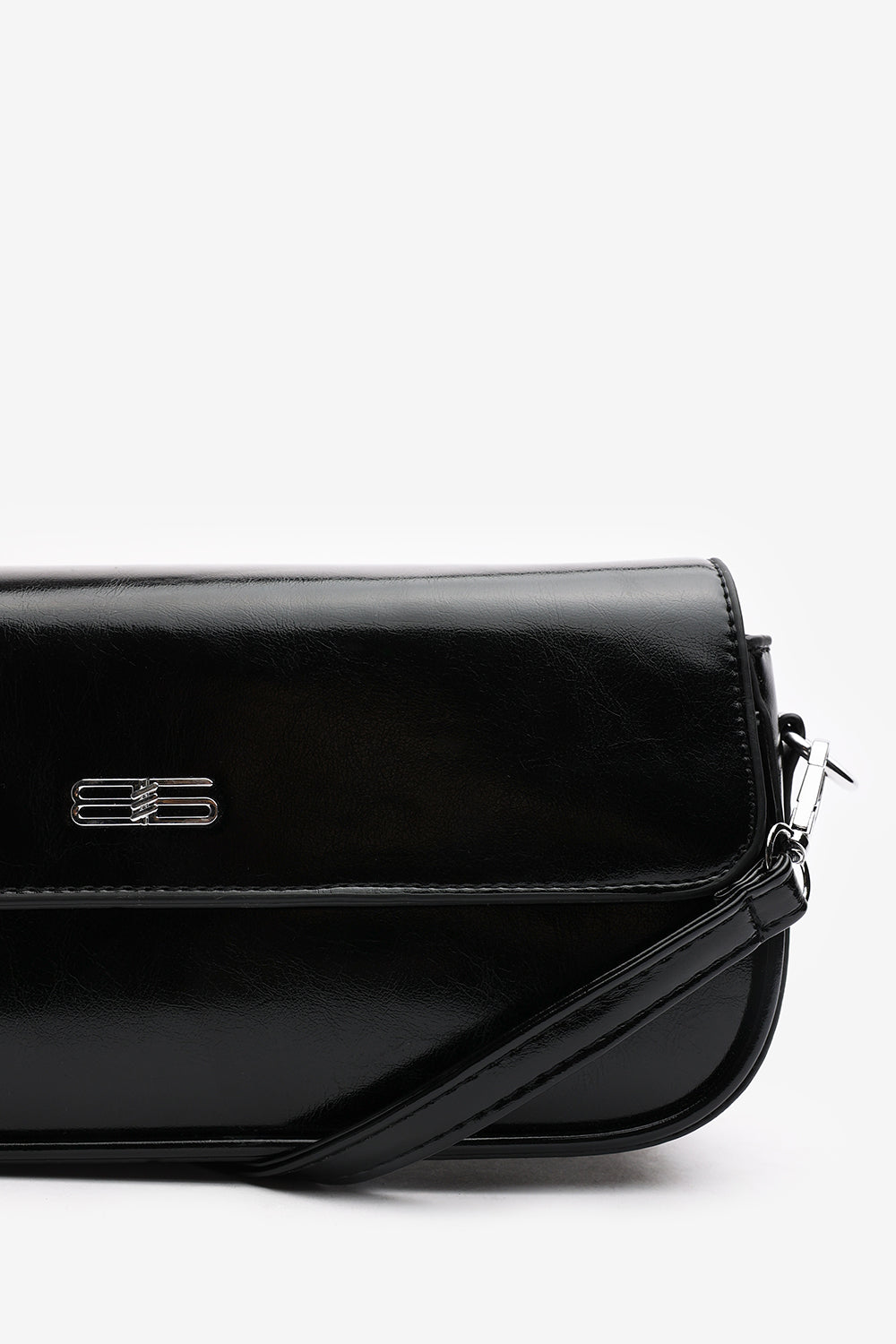 Premium Black Shiny Finish Baguette Shoulder Bag with Silver Accent