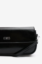 Premium Black Shiny Finish Baguette Shoulder Bag with Silver Accent